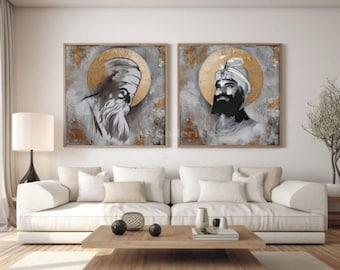 Original Sikh Gurus Painting, abstract art, Grey Modern Decor, gold accent (Set of Two)