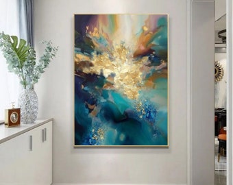 Extra Große Blaue Leinwand Kunst, Übergroßes abstraktes Kunstwerk, Handgemachte Blau und Gold Wandkunst, Original Gold Kunstwerk, Wohnzimmer Wanddekoration