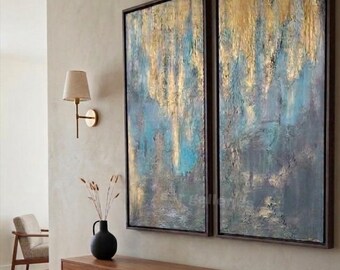 Framed Blue and gold texture painting, set of two, modern home decor, abstract art