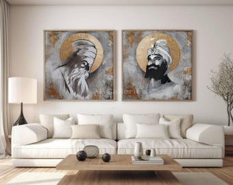 Handmade Sikh Gurus Abstract Painting, Gold Grey Modern Decor (Set of Two)