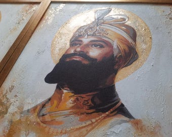 Original Sikh Gurus Abstract Painting, Gold White Modern Decor (Set of Two), hand-painted canvas