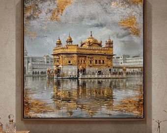 Originales, handgefertigtes Gemälde des Harmandir Sahib auf strukturierter Leinwand mit Motiv des Goldenen Tempels.