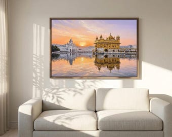 Gemälde „Sonnenaufgang am Goldenen Tempel von Amritsar“, Sikh-Kunstlandschaft, gerahmter Leinwanddruck