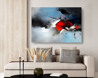 Large Abstract Acrylic Painting: Red Accent Canvas Wall Art