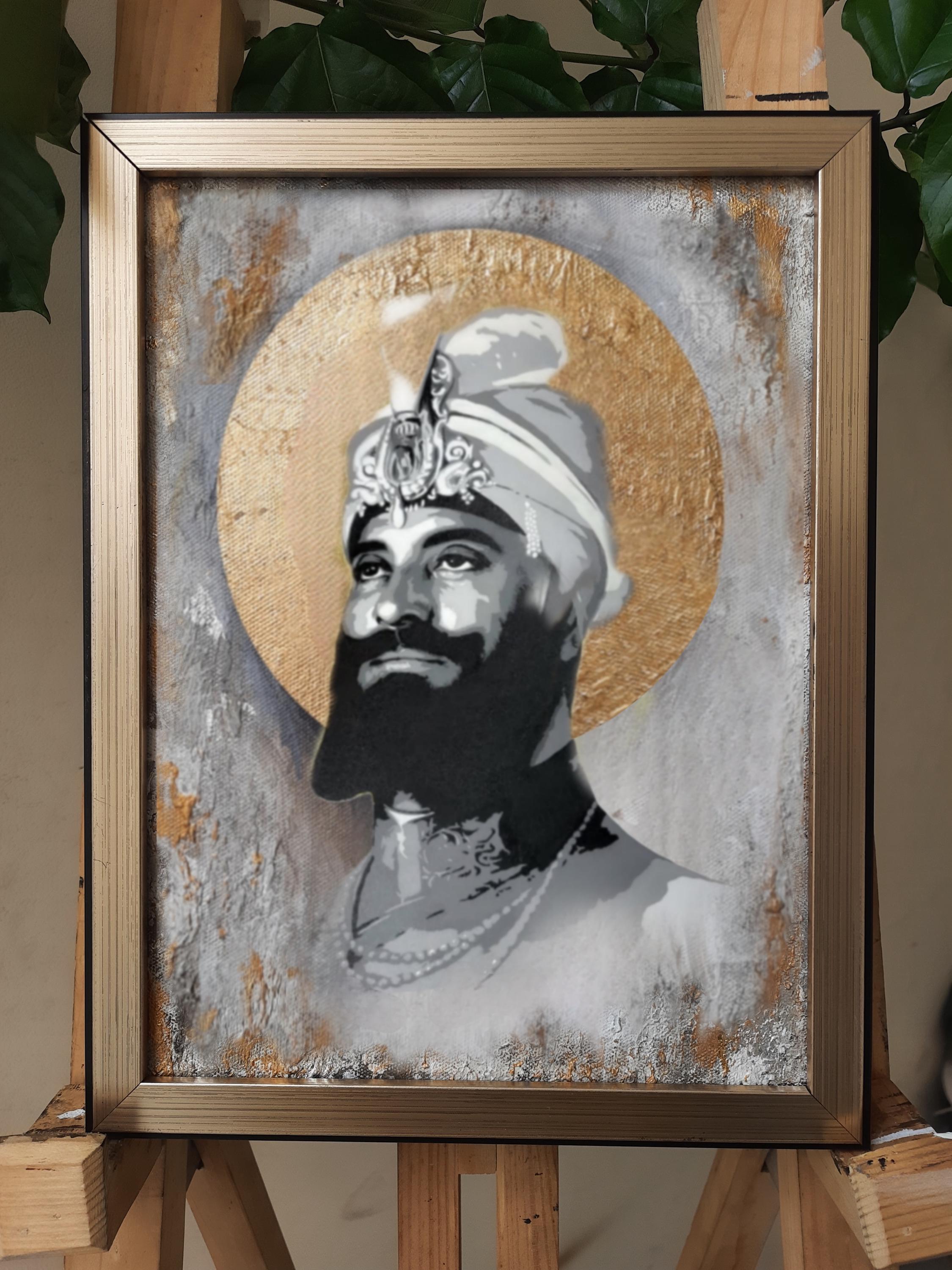 グル・ゴービンド・シン・ジの絵画：抽象的なシーク教美術、金色の装飾
