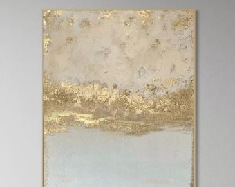 Hand-Painted Abstract Gold Leaf Textured Canvas Art, Beige Landscape Painting (Framed)