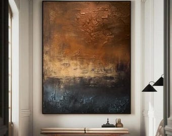Rustic brown and blue texture painting, abstract art, framed canvas painting, Original handmade