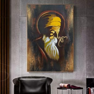 May include: An abstract painting of a religious figure with a yellow turban and white beard. The artwork features a dark background with gold and brown accents, and a gold halo. The figure is depicted in profile.