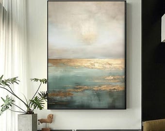 Large size green nature painting, abstract art, framed canvas painting, Original handmade, modern landscape