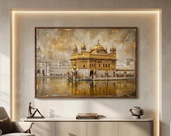 Abstract texture Harmandir Sahib painting, Sikh wall art, Golden Temple, framed canvas