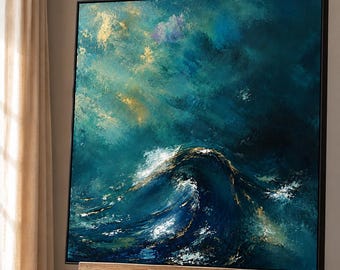 Abstract Ocean Wave Painting, Textured Teal Navy Gold Seascape Canvas Art