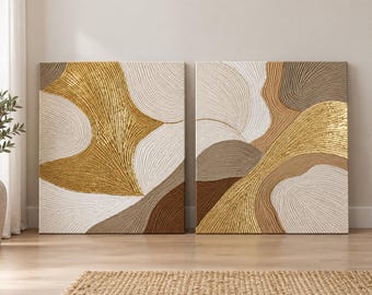 Handgefertigtes, strukturiertes, abstraktes Leinwandbild-Set, moderne Wanddekoration in Gold-Neutral-Optik