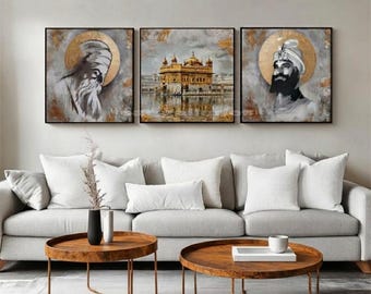 Handmade Sikh Gurus and Golden temple Painting, Abstract art, Gold Grey Modern Decor (Set of Two)