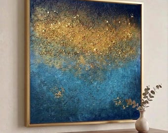 Blue and gold Abstract Textured Canvas Art, Gold Accents, Framed Living Room Decor