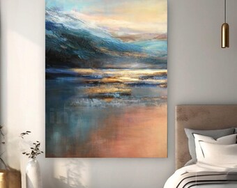 Large size seaccape texture painting, abstract art, framed canvas painting, Original handmade, coastal scene