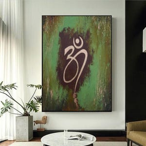Om living room painting, modern wall art, hindu home decor, framed om canvas painting, luxury green om wall art, yoga room, pooja room art