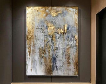 Original Abstract Landscape Painting, Large Gold White Grey Canvas Art