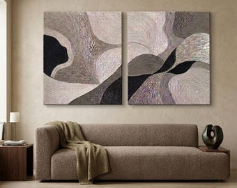 Abstraktes Diptychon-Gemälde mit neutraler Textur, handgefertigt auf grauer, weißer und schwarzer Leinwand