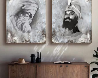 Guru Nanak Dev Ji, Guru Gobind Singh Abstract Sikh Art Painting (Framed)