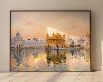 Framed Harmandir Sahib illustration, Abstract Canvas painting, Sikh Art Wall Decor, Golden temple Amritsar