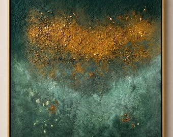 Textured Green Gold Abstract Canvas Art, Modern Living Room Decor