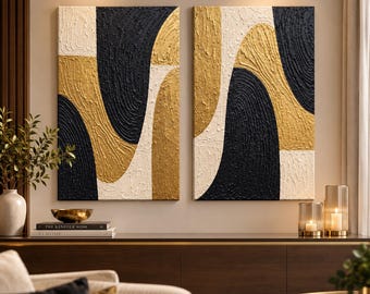 Abstraktes Diptychon auf strukturierter Leinwand, Schwarz, Gold, Elfenbein, moderne Luxus-Wandkunst