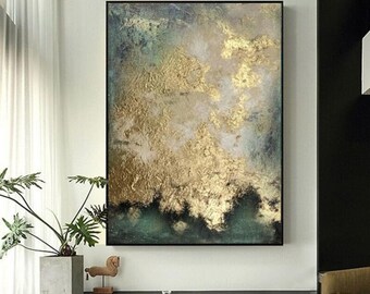 Green Gold Abstract Painting, Textured Canvas Art, Framed Landscape Wall Décor