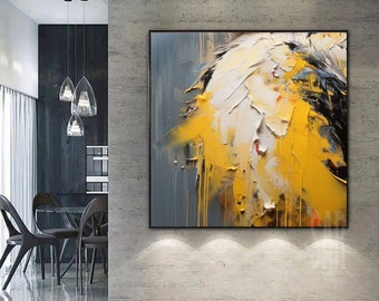 Großes abstraktes Acrylgemälde: Senffarbene strukturierte Leinwand