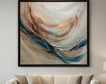 Beige Teal Blue Abstract Textured Canvas Art, Gold Accents, Framed Living Room Decor