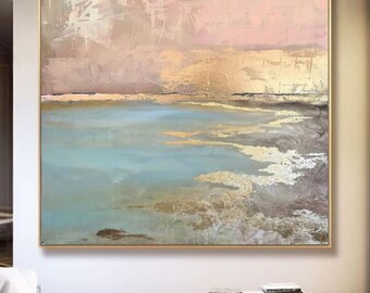 Abstract Textured Ocean Canvas Painting, Pink Blue Gold Coastal Artwork
