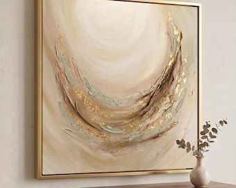Beige abstract painting, Hand-Painted Gold Leaf Textured Canvas Art (framed)