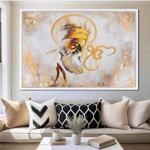 Abstract guru nanak dev ji painting, white and gold sikh art, ik onkar wall decor, sikh religion gift, luxury wall art, mool mantra art