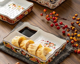 Sushi ravioli tray with porcelain sauce area and handmade with traditional Japanese design