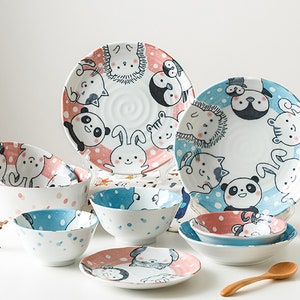 Cuencos de cerámica chinos para Fideos de gato, cuenco de Ramen con tapa,  vajilla de cocina, cuenco de animales de dibujos animados para servir cena,  cuencos para pareja - AliExpress