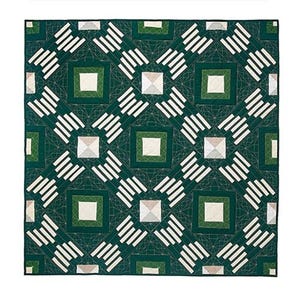 May include: A green and white quilt with a geometric pattern. The quilt features a repeating design of squares and diagonal lines. The text "PHOENIX" is at the top, and "INTERMEDIATE THROW | BED ALDERWOOD-STUDIO.COM" is at the bottom.