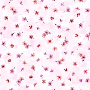 May include: A watercolor-style floral pattern featuring scattered pink and red flowers with green stems on a soft pink background. The flowers vary in size and are arranged in a seemingly random pattern, creating a delicate and airy design.