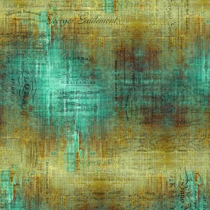 May include: Abstract digital art with a vintage aesthetic. The image features a textured background with layers of teal, brown, and gold tones. Faded script and text elements are overlaid, creating a distressed, aged appearance. The overall theme is reminiscent of antique documents or aged paper.