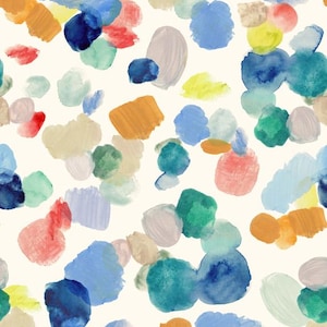 May include: Abstract watercolor pattern with various shapes and colors, including blue, green, yellow, orange, red, and gray. The background is white.