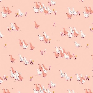 May include: A repeating pattern featuring stylized geese in shades of white and peach, interspersed with small purple and yellow floral accents. The geese are arranged in small groups across a light peach background.