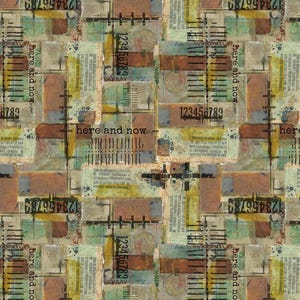 May include: Abstract collage pattern with a repeating design. The design features rectangular and square shapes in muted tones of brown, green, and yellow. The text "here and now" and numbers are visible.