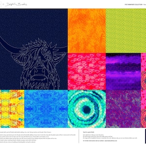May include: A fabric panel featuring a Highland cow outline on a navy blue background, surrounded by colorful fabric swatches. The swatches include orange, green, pink, purple, yellow, blue, and teal patterns. The text "Hannah the Highland Cow" is visible.