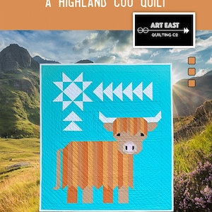 May include: A quilt pattern featuring a Highland cow, a traditional Scottish breed, with a blue background and white accents. The pattern is called "Cattle Call" and is a 40" x 45" quilt pattern.