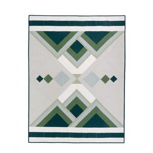 May include: A quilt pattern featuring a geometric design with green, white, and gray triangles and diamonds. The quilt is titled "Winter Solstice" and is described as an "Advanced Beginner" project. The pattern is available in baby, throw, and queen sizes. The text "Alderwood Studio" is also included in the image.