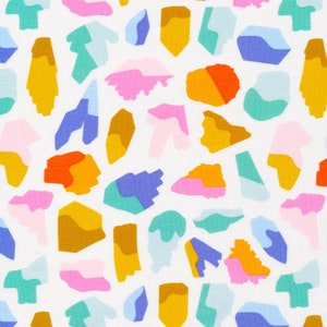 May include: Abstract pattern with colorful geometric shapes in shades of blue, green, pink, orange, and yellow on a white background.