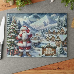 Christmas Glass Cutting Board – Snowy Village & Santa, Tempered Glass Christmas Board, Holiday Baking and Serving Board, Snowy Houses