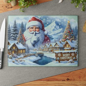 Christmas Glass Cutting Board – Snowy Village & Santa, Tempered Glass Christmas Board, Holiday Baking and Serving Board, Snowy Houses