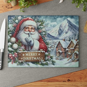 Christmas Glass Cutting Board – Snowy Village & Santa, Tempered Glass Christmas Board, Holiday Baking and Serving Board, Snowy Houses
