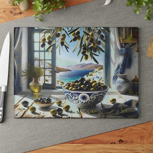 Greek Olive Kitchen Glass Cutting Board – Mediterranean Window View with Olives & Sea – Serving Board or Countertop Decor – 8x11 or 11x15
