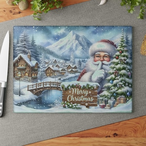 Christmas Glass Cutting Board – Snowy Village & Santa, Tempered Glass Christmas Board, Holiday Baking and Serving Board, Snowy Houses