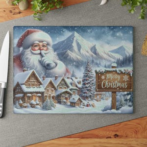 Christmas Glass Cutting Board – Snowy Village & Santa, Tempered Glass Christmas Board, Holiday Baking and Serving Board, Snowy Houses